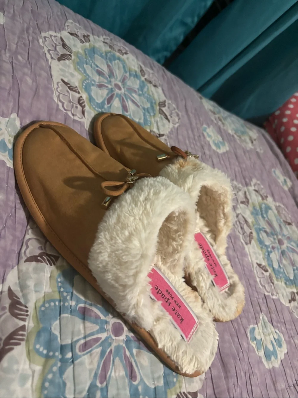 kate spade Tan Faux-Suede Slip-On Slippers with Cream Fur Trim